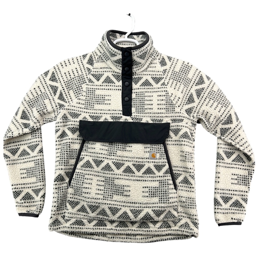 Carhartt Fleece Pullover OJ4991-W Womens Small Cream Black Geometric Sherpa Snap